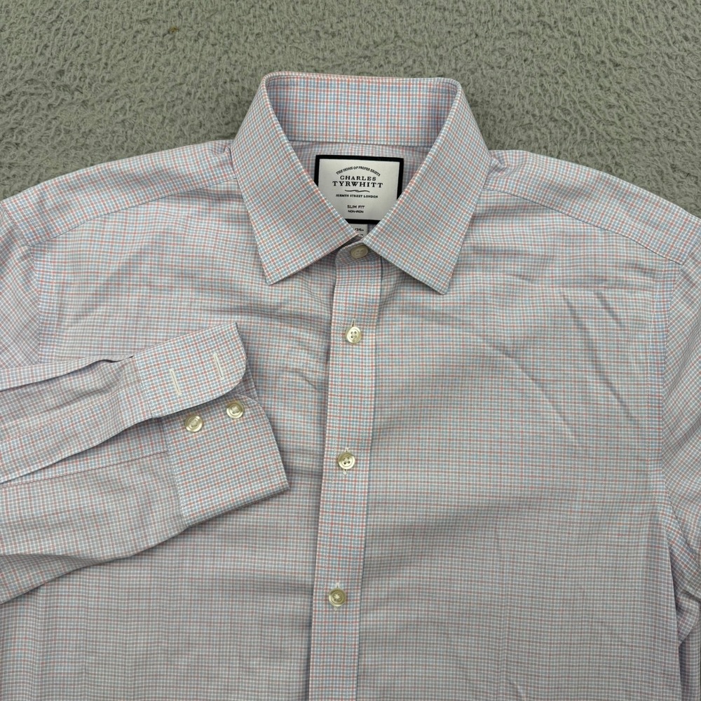 Charles Tyrwhitt Dress Shirt Mens 15.5/34 Blue Red Micro Check Slim Non-Iron